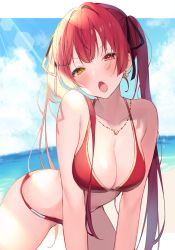 Rule 34 | 1girl, all fours, beach, bikini, black ribbon, blue sky, blush, breasts, cleavage, cloud, cloudy sky, collarbone, earrings, eyelashes, feet out of frame, hair over shoulder, hair ribbon, heterochromia, highres, hololive, houshou marine, houshou marine (summer), jewelry, large breasts, lens flare, long hair, naughty face, necklace, official alternate costume, open mouth, red bikini, red eyes, red hair, revision, ribbon, shadow, shiny skin, sidelocks, sky, solo, swimsuit, thighs, twintails, virtual youtuber, yellow eyes, yuita (yuita17)