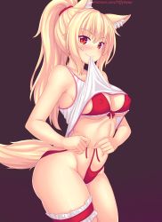Rule 34 | 1girl, animal ear fluff, animal ears, blonde hair, blush, bra, breasts, bridal garter, cat ears, cat tail, clothes in mouth, commentary, english commentary, fang, fang out, highres, large breasts, long hair, looking at viewer, mouth hold, nottytiffy, original, panties, red bra, red eyes, red panties, shirt in mouth, side-tie panties, slit pupils, smile, solo, tail, thighhighs, thighs, tiffy (nottytiffy), tying panties, underwear, untied panties, watermark, web address