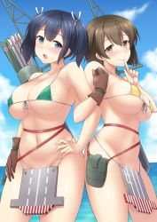 Rule 34 | 10s, 2girls, arrow (projectile), bikini, black hair, blue eyes, blue hair, blush, bottomless, breasts, brown eyes, brown hair, cleavage, covered erect nipples, finger to mouth, hair ribbon, hiryuu (kancolle), huge breasts, kantai collection, looking at viewer, micro bikini, multiple girls, navel, ocean, open mouth, ribbon, sama samasa, short hair, side ponytail, smile, souryuu (kancolle), standing, stomach, swimsuit, twintails