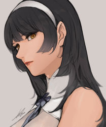 Rule 34 | 1girl, bad id, bad pixiv id, black hair, breasts, cape, choker, flower, from side, girls&#039; frontline, grey background, hairband, large breasts, lipstick, long hair, looking at viewer, makeup, parted lips, shirt, sidelocks, signature, simple background, solo, sungwon, type 95 (girls&#039; frontline), white hairband, white shirt, yellow eyes
