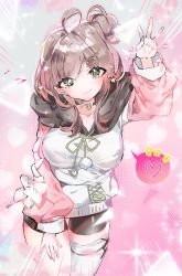 Rule 34 | 1girl, bike shorts, black shorts, brown hair, collarbone, colored tips, commission, fortissimo, green eyes, grey choker, hair bun, hair ornament, hand on own thigh, head tilt, highres, hood, hood down, hoodie, indie virtual youtuber, looking at viewer, miori celesta, miori celesta (6th costume), multicolored hair, musical note, musical note hair ornament, open hand, pink hair, pink sleeves, shorts, single side bun, single thighhigh, skeb commission, sketch, smile, solo, tekona0, thighhighs, virtual youtuber, waving, white hoodie, white thighhighs