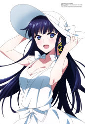 Rule 34 | 1girl, :d, absurdres, aqua inc., black hair, blue eyes, blunt bangs, breasts, cleavage, collarbone, dress, hair ornament, hat, hat ribbon, highres, long hair, looking at viewer, mahouka koukou no rettousei, medium breasts, megami magazine, official art, open mouth, ribbon, scan, shiba miyuki, simple background, smile, solo, sun hat, sundress, upper body, white background, white dress, white hair