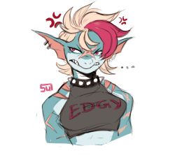 Rule 34 | 1girl, anger vein, animal ears, blonde hair, blue skin, clenched teeth, clothes writing, collar, colored skin, crop top, earrings, fins, furry, furry female, head fins, highres, jewelry, multicolored hair, original, red eyes, scar, shark girl, short hair, simple background, solo, spiked collar, spikes, streaked hair, sui (suizilla), teeth, tuna (sui (suizilla)), upper body, white background