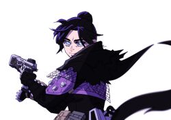 Rule 34 | 1girl, ammunition pouch, animification, apex legends, bad id, bad pixiv id, black bodysuit, black gloves, black hair, black scarf, blue eyes, bodysuit, bug (silkworm hnw), from behind, gloves, gun, hair bun, handgun, holding, holding gun, holding weapon, looking at viewer, no pupils, nose piercing, piercing, pouch, reloading, scarf, simple background, single hair bun, smile, solo, weapon, white background, wraith (apex legends)