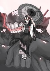 Rule 34 | 1girl, abyssal ship, battleship princess, black hair, black kimono, braid, branch, colored skin, commentary request, hair over shoulder, highres, holding, holding branch, horns, japanese clothes, kantai collection, kimono, lady dokuro, long hair, monster, oil-paper umbrella, pale skin, red eyes, sandals, single braid, sitting, solo, turret, umbrella, very long hair, white skin