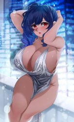 Rule 34 | 1girl, arms behind head, azur lane, backless dress, backless outfit, bare shoulders, blue hair, blush, breasts, cleavage, dress, evening gown, grey dress, hair ornament, hairclip, halter dress, halterneck, huge breasts, parted lips, plunging neckline, red eyes, revealing clothes, side ponytail, sidelocks, silver dress, sitting, st. louis (azur lane), st. louis (luxurious wheels) (azur lane), sumisumii, thighs