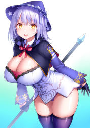 Rule 34 | 1girl, :d, aqua background, black capelet, black gloves, blue hat, blue ribbon, blue thighhighs, bow, bowtie, breasts, capelet, cleavage, collar, cowboy shot, curvy, dress, gloves, gradient background, hat, hat ribbon, highres, holding, holding staff, large breasts, leaning forward, long hair, long sleeves, looking at viewer, microdress, open mouth, original, panties, pantyshot, red bow, ribbon, shiny skin, silver hair, simple background, smile, solo, staff, standing, thighhighs, thighs, tsukumiya amane, underwear, white collar, white dress, wide sleeves, wizard hat, yellow eyes