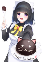 Rule 34 | 1girl, :d, absurdres, apron, black dress, black hair, bow, breasts, chocolate, collared dress, commentary request, dress, frilled apron, frills, happy valentine, hashiko nowoto, heart, highres, holding, holding plate, layered sleeves, long sleeves, maid apron, open mouth, original, plate, puffy short sleeves, puffy sleeves, purple eyes, short over long sleeves, short sleeves, simple background, small breasts, smile, solo, spatula, valentine, white apron, white background, yellow bow