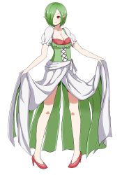 Rule 34 | 1girl, artist request, blush, bow, breasts, cleavage, clothes lift, collarbone, corset, creatures (company), dress, dress lift, earrings, female focus, full body, game freak, gardevoir, gen 3 pokemon, green hair, hair over one eye, hands up, heart, heart earrings, high heels, highres, jewelry, jpeg artifacts, legs apart, lifting own clothes, medium breasts, nintendo, personification, pigeon-toed, pointy ears, pokemon, pokemon rse, red eyes, red footwear, shoes, short hair, short sleeves, simple background, smile, solo, standing, white background, white bow, white dress