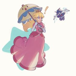 Rule 34 | !, 1girl, :o, artist name, blonde hair, blue eyes, blue umbrella, brooch, crown, dress, earrings, elbow gloves, eyelashes, frilled dress, frilled shirt collar, frills, full body, gloves, goomba, hands up, holding, holding umbrella, jewelry, lips, long dress, long hair, looking at another, lopuii, mario (series), nintendo, open mouth, over shoulder, parasol, perry (mario), pink dress, pink lips, princess, princess peach, puffy short sleeves, puffy sleeves, sad goomba, short sleeves, simple background, star (symbol), starry background, super princess peach, umbrella, white background, white gloves, yellow umbrella