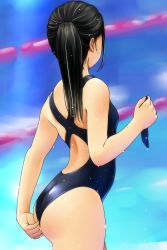 Rule 34 | 1girl, adjusting clothes, adjusting swimsuit, ass, competition swimsuit, cowboy shot, from behind, highres, looking away, matsunaga kouyou, one-piece swimsuit, original, ponytail, pool, solo, swimsuit, wet, wet clothes, wet hair