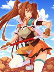 Rule 34 | &gt;:o, 1girl, :o, ahoge, ankle boots, belt, blue sky, boots, brown gloves, brown hair, cloud, collaboration, colored eyelashes, day, eiyuu densetsu, estelle bright, falcom, fingerless gloves, gem, gloves, ilya kuvshinov, jacket, long hair, looking back, o-ring, open clothes, open jacket, open mouth, orange skirt, outdoors, pleated skirt, polearm, red eyes, red gemstone, rock, short sleeves, shoulder pads, shunkaku, skirt, sky, solo, sora no kiseki, thighhighs, thighs, twintails, v-shaped eyebrows, very long hair, watermark, weapon, web address, white thighhighs, zettai ryouiki