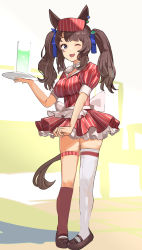 Rule 34 | alternate costume, animal ears, asymmetrical legwear, breasts, brown hair, commentary request, full body, hair ornament, hat, highres, horse ears, horse girl, horse tail, looking at viewer, medium breasts, one eye closed, open mouth, single thighhigh, solokitsune, standing, tail, thighhighs, tosen jordan (umamusume), tray, twintails, umamusume, waitress