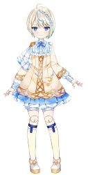Rule 34 | 1boy, absurdres, androgynous, blue eyes, blue hair, blush, character sheet, coat dress, crescent moon, doll, doll joints, dougetsu rione, full body, highres, indie virtual youtuber, joints, kotamun, moon, multicolored hair, short shorts, shorts, socks, star (symbol), virtual youtuber, white hair, white socks