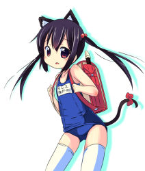 Rule 34 | 1girl, aged down, animal ears, backpack, bad id, bad pixiv id, bag, black hair, cat ears, cat tail, flute, instrument, k-on!, kurou (quadruple zero), long hair, nakano azusa, one-piece swimsuit, randoseru, recorder, red eyes, school swimsuit, solo, swimsuit, tail, thighhighs, twintails