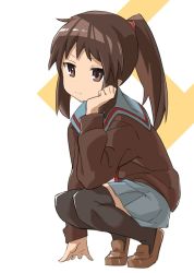 Rule 34 | 1girl, black thighhighs, blue sailor collar, brown cardigan, brown eyes, brown footwear, brown hair, cardigan, closed mouth, commentary request, full body, genderswap, genderswap (mtf), h, hand on own cheek, hand on own face, highres, kita high school uniform, kyonko, loafers, long hair, long sleeves, looking at viewer, muchi maro, ponytail, red ribbon, ribbon, sailor collar, school uniform, serafuku, shoes, simple background, skirt, solo, squatting, suzumiya haruhi no yuuutsu, thighhighs, white background, zettai ryouiki