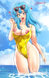 Rule 34 | 1girl, absurdres, bare legs, bare shoulders, blue eyes, blue hair, blue sky, breasts, breasts out, cleavage, covered navel, curvy, dragon ball, dragonball z, food, francis slv, happy, highleg, highleg swimsuit, highres, ice cream, large breasts, long hair, looking at viewer, maron (dragon ball), matching hair/eyes, nipples, one-piece swimsuit, open mouth, saliva, saliva trail, sexually suggestive, shiny clothes, shiny skin, simple background, sky, smile, solo, swimsuit, thighs, tongue, tongue out, water, wide hips, yellow one-piece swimsuit