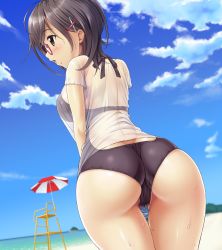 Rule 34 | 1girl, apricot cherry, ass, beach, black hair, black one-piece swimsuit, blouse, blush, breasts, brown eyes, chestnut mouth, cloud, day, game cg, glasses, highres, large breasts, legs together, mole, mole under mouth, nishizono suzune, ocean, one-piece swimsuit, oshirikko venus, oshirikko venus 2, outdoors, see-through, shirt, short hair, skin tight, sky, solo, standing, swimsuit, swimsuit under clothes, thigh gap, toma (asagayatei), trefoil, wet, wet clothes, wet shirt, white shirt
