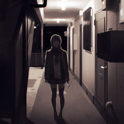 Rule 34 | 1girl, argyle, arms at sides, black thighhighs, brown hair, building, buttons, ceiling light, cellphone, clenched hand, coat, despair, door, full body, glowing, holding, holding phone, horror (theme), ilya kuvshinov, light, lips, miniskirt, monochrome, night, original, outdoors, phone, scarf, sepia, shadow, short hair, skirt, smile, solo, standing, thighhighs, waiting, zettai ryouiki