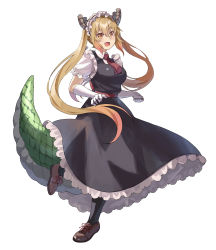 Rule 34 | 1girl, absurdres, black legwear, blonde hair, bow, breasts, collared shirt, colored tips, dragon girl, dragon horns, dragon tail, dress, fang, floating hair, frilled dress, frills, full body, gloves, green tail, hair between eyes, highres, horns, kazuwo33 (kazumaryu1206), kobayashi-san chi no maidragon, large breasts, long hair, maid, maid headdress, multicolored hair, necktie, no wings, open mouth, orange eyes, orange hair, pinafore dress, red bow, red necktie, shirt, short necktie, sleeveless dress, smile, solo, standing, standing on one leg, tail, tohru (maidragon), twintails, two-tone hair, waist bow, white background, white gloves