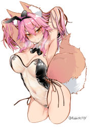 Rule 34 | 1girl, animal ear fluff, animal ears, armpits, arms behind head, blush, breasts, censored, cross pasties, fate/extra, fate (series), flustered, fox ears, fox girl, fox tail, hair between eyes, highres, large breasts, leotard, long hair, looking at viewer, meme attire, pasties, pink hair, playboy bunny, sidelocks, simple background, solo, tail, tamamo (fate), tamamo no mae (fate/extra), tape, tape censor, tape on nipples, tape on pussy, translucent bunnysuit, white background, wisespeak, yellow eyes
