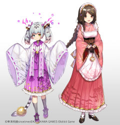 Rule 34 | 2girls, :d, apron, bell, black choker, black footwear, black gloves, blue eyes, braid, brown eyes, brown hair, choker, commentary request, copyright notice, copyright request, flower, frilled apron, frilled hakama, frills, gloves, gradient background, grey background, grey hair, grey legwear, hair ornament, hairclip, hakama, hakama skirt, half gloves, heterochromia, highres, itamidome, japanese clothes, jingle bell, kimono, lightning bolt symbol, long hair, long sleeves, mole, mole under eye, multiple girls, neck bell, official art, open mouth, own hands together, pink hakama, pink kimono, pink sailor collar, pocket watch, purple flower, red hakama, ribbed legwear, ribbon-trimmed sleeves, ribbon trim, sailor collar, shoes, single braid, skirt, sleeves past fingers, sleeves past wrists, smile, socks, tail, twintails, very long hair, watch, watermark, white apron, white background, white legwear, wide sleeves, yellow eyes