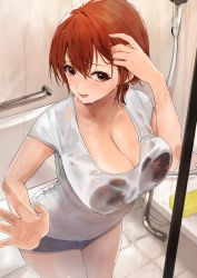 Rule 34 | 1girl, absurdres, adjusting hair, against glass, akito (d30n26), bath, black bra, blue shorts, blush, bra, breast press, breasts, breasts on glass, cleavage, commentary request, cowboy shot, highres, indoors, large breasts, looking at viewer, nagi (akito), open mouth, original, red eyes, red hair, see-through, shirt, short hair, short shorts, short sleeves, shorts, solo, underwear, wet, white shirt