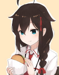 Rule 34 | 1girl, absurdres, ahoge, blue eyes, blush, braid, brown hair, burger, closed mouth, collared shirt, food, hair between eyes, hair flaps, hair ornament, hair over shoulder, highres, holding, holding food, kantai collection, long hair, looking down, necktie, outline, red necktie, red ribbon, ribbon, shigure (kancolle), shigure kai ni (kancolle), shirt, simple background, single braid, smile, solo, spica1476, upper body, white shirt, yellow background