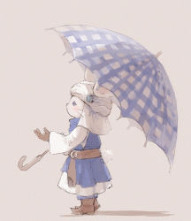 Rule 34 | 1other, androgynous, animal ears, blue dress, blue eyes, boots, brown footwear, brown gloves, commentary, dress, english commentary, final fantasy, final fantasy xiv, from side, full body, furry, gloves, hand up, highres, holding, holding umbrella, long sleeves, looking up, loporrit, omori hakumai, outstretched arm, plaid umbrella, profile, rabbit ears, rabbit tail, sash, simple background, solo, standing, tail, turban, umbrella, whiskers, white headwear, wide sleeves, yellow background