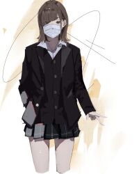 Rule 34 | 1girl, black jacket, black skirt, black vest, brown eyes, brown hair, collared shirt, commentary, cropped legs, crow (krouw), dress shirt, english commentary, hand in pocket, highres, jacket, long sleeves, looking at viewer, mask, medium hair, miniskirt, mouth mask, open clothes, open jacket, original, plaid, plaid skirt, pleated skirt, shade, shirt, skirt, solo, v, vest, white background, white shirt