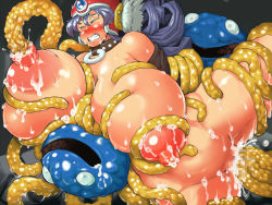 Rule 34 | 1girl, 2boys, alternate body size, alternate breast size, arms behind back, blue eyes, blush, grabbing another&#039;s breast, breasts, censored, choker, chunsoft, cleavage, clenched teeth, curvy, dragon quest, dragon quest iii, enix, gigantic breasts, grabbing, group sex, helmet, healslime, huge nipples, long hair, mmf threesome, mosaic censoring, multiple boys, multiple vaginal, nipple penetration, nipples, nude, object insertion, plump, puffy areolae, purple hair, rape, red headwear, restrained, sasaki tatsuya, soldier (dq3), sweat, teeth, tentacle sex, tentacles, threesome, vaginal, vaginal object insertion
