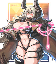 Rule 34 | 1girl, artist name, black gloves, black horns, blush, breasts, cleavage, closed mouth, cowboy shot, energy whip, faucre the evil overlord, gloves, grey hair, hair between eyes, highres, holding, horns, large breasts, last origin, long hair, looking at viewer, navel, orange eyes, outline, revealing clothes, sagas293, shoulder spikes, skindentation, solo, spikes, string bra, sweat, white outline