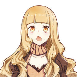Rule 34 | 1girl, :o, absurdres, blonde hair, breasts, cleavage, fang, hair between eyes, highres, long hair, long sleeves, looking at viewer, open mouth, portrait, red riding hood (sinoalice), rico tta, simple background, sinoalice, solo, surprised, white background, yellow eyes