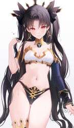 1girl bare_shoulders bikini black_bikini black_hair black_ribbon breasts cleavage commentary cowboy_shot detached_sleeves fate/grand_order fate_(series) hair_ribbon highres ishtar_(fate) long_hair long_sleeves looking_at_viewer medium_breasts navel red_eyes ribbon single_sleeve smile stomach swimsuit takimii thighs twintails twirling_hair two-tone_bikini white_background