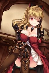 Rule 34 | 10s, 1girl, armor, black thighhighs, blonde hair, blush, boots, breasts, brown footwear, chain, cleavage, cross-laced footwear, crossed legs, dress, female focus, gauntlets, gold trim, granblue fantasy, hair ribbon, kurusu ren, lace-up boots, large breasts, long hair, looking at viewer, off shoulder, one eye closed, pauldrons, ponytail, red eyes, ribbon, short dress, shoulder armor, solo, thighhighs, thighs, vira (granblue fantasy), wooden wall, zettai ryouiki