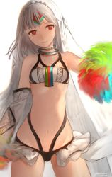 Rule 34 | 1girl, absurdres, altera (fate), bikini, black bikini, breasts, closed mouth, collar, cowboy shot, dark-skinned female, dark skin, detached sleeves, fate/extella, fate/extra, fate (series), head tilt, headband, highres, hoojiro, long sleeves, looking at viewer, navel, red eyes, short hair, simple background, small breasts, solo, standing, swimsuit, twitter username, veil, white background, white hair