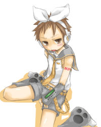 Rule 34 | brown eyes, brown hair, cosplay, detached sleeves, headset, htz, kagamine rin (cosplay), male focus, necktie, nup, ribbon, short hair, summon night, summon night 3, vocaloid