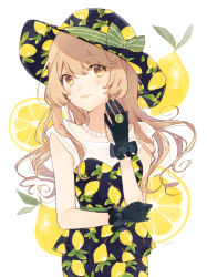 Rule 34 | 1girl, arm across waist, arm up, artist name, black gloves, black pants, black shirt, brown eyes, closed mouth, commentary, green gemstone, food, food print, frilled gloves, frills, fruit, gem, gloves, hat, highres, horiizumi inko, jewelry, lemon, lemon print, lemon slice, light brown hair, looking at viewer, necklace, original, pants, pearl necklace, ring, shirt, simple background, solo, standing, white background