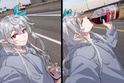 Rule 34 | 1girl, 2koma, bottle, bow, closed eyes, comic, commentary, drawstring, drinking, english commentary, from side, green bow, grey hair, grey hoodie, guard rail, hair bow, hair ornament, hair ribbon, hairclip, hand up, highres, highway, holding, holding bottle, hood, hood down, hoodie, juice, long hair, looking at viewer, maplesights, nijisanji, nijisanji en, official alternate hair color, outdoors, photo-referenced, photo background, plastic bottle, pointy ears, pomu rainpuff, pomu rainpuff (3rd costume), red eyes, ribbon, road, road sign, selfie, sidelocks, sign, smile, solo, upper body, virtual youtuber, x hair ornament