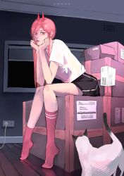 Rule 34 | 1girl, absurdres, artist name, box, cardboard box, chainsaw man, commentary, cross-shaped pupils, dolphin shorts, hair between eyes, head rest, highres, horns, iruia5, long hair, looking at viewer, meowy (chainsaw man), pink hair, pink socks, power (chainsaw man), red eyes, red horns, shirt, shorts, sitting, socks, symbol-only commentary, symbol-shaped pupils, white shirt