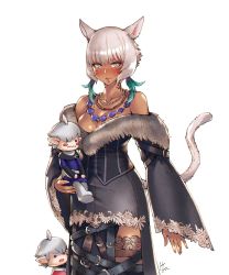 Rule 34 | absurdres, alisaie leveilleur, alphinaud leveilleur, animal ears, bare shoulders, blush, breasts, cat ears, cat girl, cat tail, cleavage, corset, cosplay, dark skin, dress, facial mark, final fantasy, final fantasy x, final fantasy xiv, fur trim, grey eyes, highres, hjz (artemi), jewelry, large breasts, lulu (ff10), lulu (ff10) (cosplay), miqo&#039;te, necklace, off-shoulder dress, off shoulder, pointy ears, short hair, stuffed toy, tail, tattoo, thighhighs, thighs, wavy mouth, whisker markings, white hair, wide sleeves, y&#039;shtola rhul