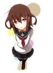Rule 34 | 10s, 1girl, arms behind back, blush, brown eyes, brown hair, collarbone, hair ornament, hairclip, ikazuchi (kancolle), itituki, kantai collection, long sleeves, looking up, md5 mismatch, pantyhose, personification, school uniform, short hair, skirt, solo