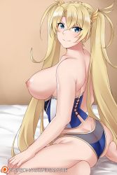 Rule 34 | 1girl, aslindsamure, ass, back, bare shoulders, blonde hair, blue eyes, blue panties, blush, bradamante (fate), braid, breasts, closed mouth, corset, fate/grand order, fate (series), french braid, hair between eyes, hair ornament, highres, large breasts, long hair, looking at viewer, looking to the side, nipples, panties, sitting, smile, solo, thighs, twintails, underbust, underwear, very long hair, wariza