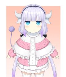 Rule 34 | 1girl, arms at sides, bad id, bad pixiv id, beads, black bow, black hairband, blunt bangs, bow, capelet, closed mouth, dragon girl, dragon horns, dragon tail, expressionless, frilled capelet, frills, gradient hair, hair beads, hair ornament, hairband, haiyoru konton, highres, horns, kanna kamui, kobayashi-san chi no maidragon, light purple hair, looking at viewer, low twintails, multicolored hair, solo, tail, thighhighs, thighs, twintails, white thighhighs, zettai ryouiki