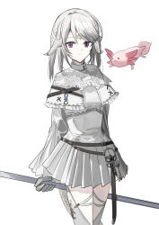 Rule 34 | animal, au ra, axolotl, capelet, character request, chihuri, closed mouth, dragon girl, dragon horns, dragon tail, final fantasy, final fantasy xiv, frilled capelet, frills, gloves, grey gloves, grey hair, grey shirt, grey skirt, highres, holding, horns, long sleeves, looking at viewer, pleated skirt, red eyes, shirt, simple background, skirt, tail, white background, white capelet, wide sleeves