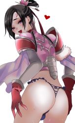 Rule 34 | 1boy, absurdres, armor, ass, bird (pixiv50223483), blush, brown hair, bulge, come hither, crossdressing, elbow gloves, gloves, hair ornament, hairpin, highres, long hair, looking at viewer, naughty face, open mouth, purple eyes, shin sangoku musou, shiny skin, smile, solo, sweat, thong, trap, zhang he
