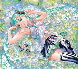 Rule 34 | 2girls, :o, = =, ahoge, animal, aqua eyes, aqua hair, armpits, bare arms, bare shoulders, black footwear, black legwear, blush, boots, breasts, chibi, collared shirt, commentary, dappled sunlight, day, detached sleeves, feet out of frame, fish, flood, from above, green eyes, green hair, green neckwear, hair ornament, hair spread out, happy, hatsune miku, head tilt, headphones, knee up, leaf, long hair, looking at viewer, lying, mayo riyo, medium breasts, miniskirt, moss, multiple girls, navel, necktie, no detached sleeves, on back, on ground, outstretched arms, partially submerged, pleated skirt, ribbon-trimmed shirt, shirt, skirt, sleeveless, sleeveless shirt, smile, spread arms, sunlight, thigh boots, thighhighs, tree, twintails, under tree, very long hair, vocaloid, water, zettai ryouiki