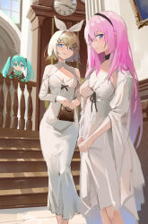 Rule 34 | 3girls, absurdres, analog clock, aqua eyes, aqua hair, averting eyes, bag, blonde hair, blue eyes, bow, breasts, character doll, chibi, choker, cleavage, clock, closed mouth, clothing cutout, commentary, danraz0r, dress, english commentary, feet out of frame, formal, frown, hair bow, hair ornament, hairband, hairclip, handbag, hatsune miku, highres, indoors, kagamine rin, long hair, long sleeves, looking at viewer, making-of available, medium breasts, megurine luka, multiple girls, own hands together, pink hair, railing, short hair, shoulder cutout, smile, speedpaint, standing, twintails, very long hair, vocaloid, white bow, white dress