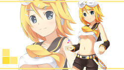 Rule 34 | 1girl, arm warmers, bad id, bad pixiv id, blonde hair, blue eyes, breasts, hair ornament, hair ribbon, hairclip, highres, kagamine rin, looking at viewer, midriff, musical note, navel, ribbon, short hair, shorts, small breasts, smile, solo, underboob, vocaloid, yakitori (oni), zoom layer