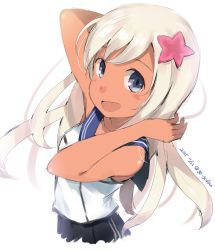 Rule 34 | 10s, 1girl, blonde hair, blue eyes, flower, gedou (ge ge gedou), hair flower, hair ornament, kantai collection, long hair, open mouth, ro-500 (kancolle), school swimsuit, simple background, solo, swimsuit, swimsuit under clothes, tan, white background